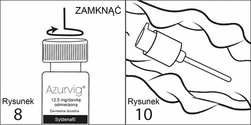Schematic illustration of closing the Azurvig medication bottle by twisting the cap, with a close-up of the dispenser tip against a background of wavy lines
