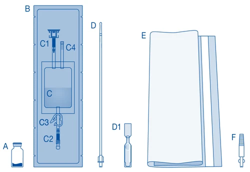 Esquema médico que muestra un vial A, un conjunto con aguja y puerto C1-C4, una aguja larga D con punta D1, una cubierta E y un elemento F sobre fondo claro