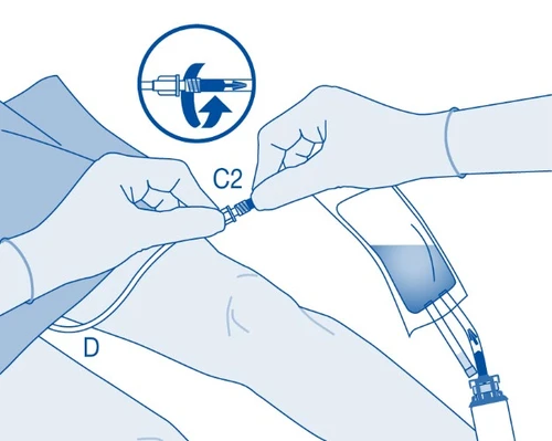 Manos con guantes conectan dos partes del conjunto médico marcadas con las letras C2 y D, y al fondo se observa una instrucción para girar el elemento en círculo