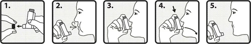 Istruzione in cinque passaggi per l'uso dell'inhalatore: 1. aprire il contenitore, 2. avvicinare alla bocca, 3. tenere contro il viso, 4. inalare con la dose di farmaco, 5. allontanare il dispositivo