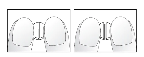 Two illustrations showing a close-up of two fingers of the hand positioned vertically side by side, demonstrating the method of holding or manipulating an object