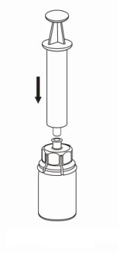 Schematic illustration showing a syringe with a plunger moving downward toward a medicine vial, indicated by a black arrow