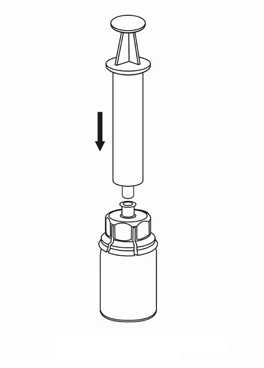 Dibujo esquemático que muestra el émbolo de una jeringa moviéndose hacia abajo hacia la abertura del frasco con medicamento, indicando la dirección del movimiento