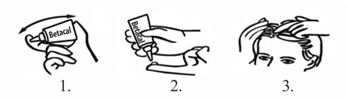 Three instructional illustrations: 1. shaking the Betacal bottle, 2. squeezing drops onto a finger, 3. rubbing the preparation into the scalp with hands
