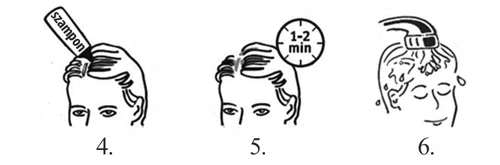 Three illustrations showing application of shampoo to the head, leaving it on for 1-2 minutes, and rinsing the hair with water