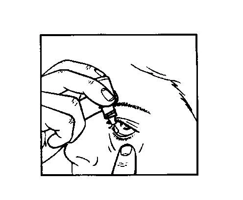 A hand holding a small bottle of eye drops, tilting it over a closed eye in preparation for administering medication directly into the eye