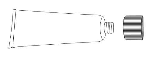 Outline drawing of a tube with the cap unscrewed and placed beside it, showing the drug packaging with the threaded end of the tube visible