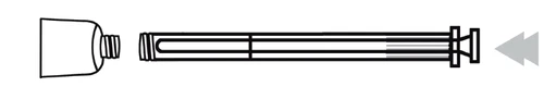 Schematic drawing showing a cap and a syringe with a plunger, with an arrow indicating the direction of screwing the component onto the syringe