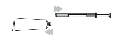 Schematic illustration showing a tube and a syringe, with two arrows indicating the direction of movement of the components relative to each other