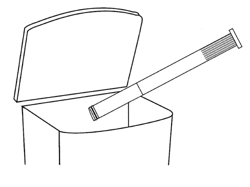 Schematic drawing of an open box from which a long, cylindrical injector with a plunger and ribbed grip surface protrudes at an angle