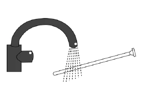 Black faucet with a curved spout releasing a stream of water onto a white, long tube lying diagonally on a white background