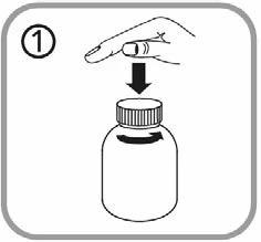 Mano con dito indice che preme sul tappo di un flacone di medicinale, freccia diretta verso il basso e freccia curva che indica il movimento di svitamento