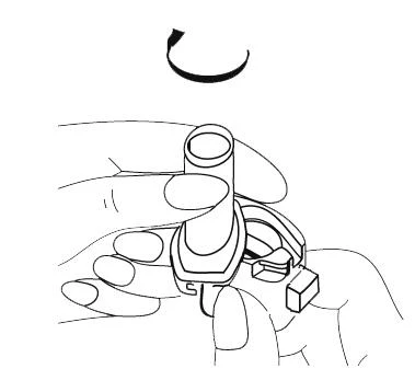 Hands holding and preparing to use a white auto-injector with a visible safety mechanism and needle opening
