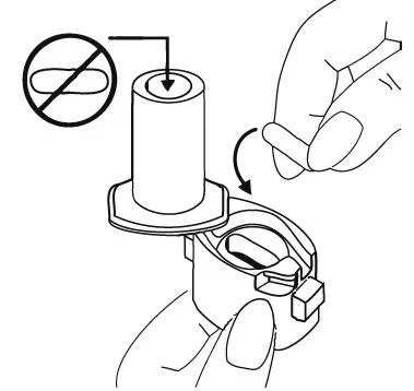 Hands holding a medical device with an encircled arrow indicating the upper part and a crossed-out symbol prohibiting touching the top of the cylinder