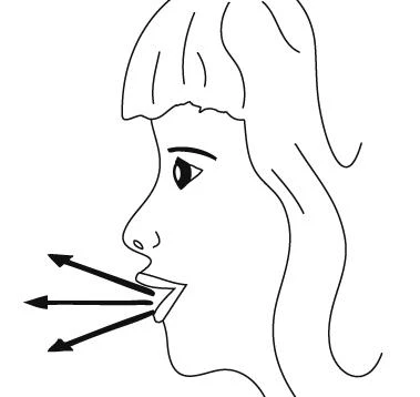 Profile of a woman with open mouth, with three black arrows indicating the direction of air exhalation or release of substance from the oral cavity