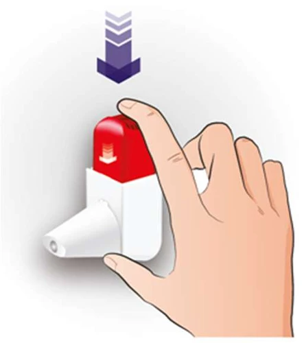 Mano derecha sosteniendo una autoinyectora blanca con botón rojo, y el pulgar presionando la parte superior del dispositivo según indica la flecha violeta dirigida hacia abajo