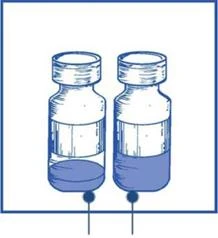 Dos frascos de vidrio con líquido azul en su interior, colocados uno al lado del otro sobre un fondo blanco, con líneas finas que indican el nivel de la sustancia