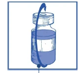 Frasco de vidrio con líquido azul, alrededor del cual gira una flecha azul que indica un movimiento rotatorio en el sentido de las agujas del reloj