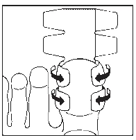 Schematic drawing showing hands and fingers with two arrows indicating rotational movement around a circular device component