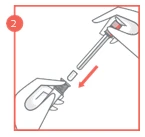 A hand inserting a thin tube into the top of a container, indicated by a red downward-pointing arrow