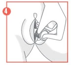 A hand holding a syringe and inserting the needle at an angle into the buttock of a person, outlined by a red border with the number four in the upper left corner