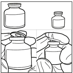 Quattro disegni che mostrano due barattoli di medicinali e primi piani delle mani che aprono i tappi di questi contenitori durante il processo di preparazione del farmaco
