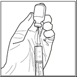 Mano che tiene una fiala di medicinale sopra una siringa per prelevare il preparato all'interno, disegno lineare in bianco e nero