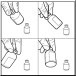 Quattro disegni che mostrano una mano che tiene una fiala di medicinale inclinandola sopra un'altra fiala posta in verticale, per prelevare il preparato