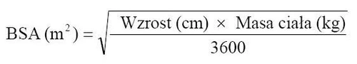 Mathematical formula for BSA in square meters equal to the square root of the product of height in centimeters and body weight in kilograms divided by 3600