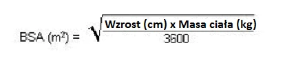 Formula matematica per la BSA in m2, data dalla radice quadrata del prodotto tra l'altezza in cm e il peso corporeo in kg, diviso 3600