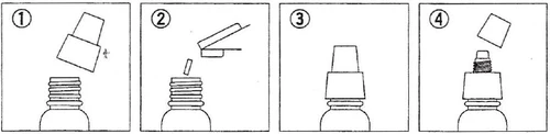 Four instruction diagrams: 1. attaching the component to the bottle, 2. inserting the tube, 3. closed bottle with cap, 4. removing the upper part