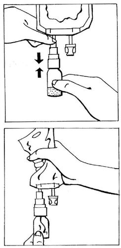 Dibujo instructivo que muestra dos fases: empujar hacia abajo la parte superior del dispositivo y sostenerlo con las manos durante la administración del medicamento