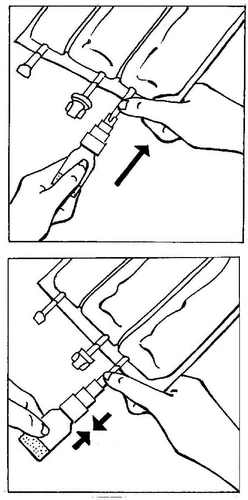 Ilustración que muestra dos fases de administración del medicamento: primero las manos aplican el inyector sobre la piel, luego lo presionan para administrar la dosis