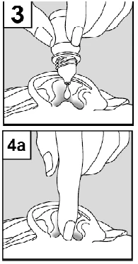 Illustration 3 shows a drop of medication falling from the dispenser onto the skin, and illustration 4a shows a finger rubbing the preparation into the application site