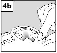 A hand with fingers gently lifting and raising the edge of a thin layer or membrane on a light background, marked with 4b in the upper left corner