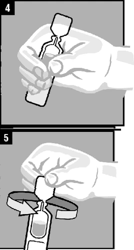 Dos ilustraciones que muestran una mano sosteniendo una ampolla primero verticalmente y luego girándola para abrir o preparar el medicamento