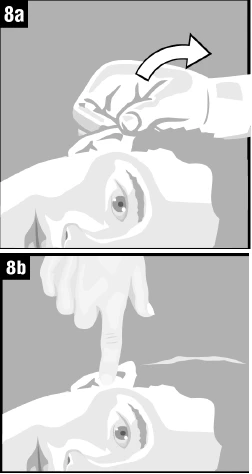 Ilustración esquemática de instrucciones: 8a mano con los dedos presionando la piel con movimiento ascendente, 8b dedo índice presionando firmemente el lugar de administración del medicamento