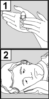 Drawing 1 shows hands holding a small bottle, drawing 2 depicts a person's face lying on their side with drops entering the ear