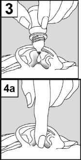 Instructional drawing 3 shows a drop of medication falling from an ampoule into an opening, and drawing 4a shows a finger inserting the preparation inside