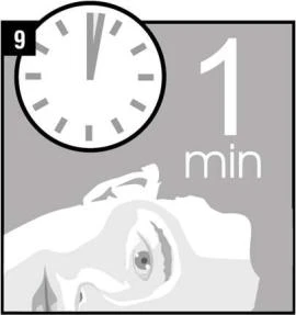 Reloj marcando las doce en punto junto a un gran texto que dice 1 min y un fragmento del rostro humano sobre fondo gris