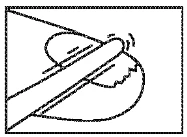 Schematic black-and-white illustration showing a hand holding a long, narrow object being applied to a round, blunt object with an irregular surface
