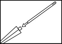 Schematic illustration depicting a long, thin needle or catheter being directed by an arrow toward an opening in a wide terminal element