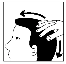 Gráfico en blanco y negro que muestra el perfil de la cabeza con una mano deslizándose sobre la parte superior de la cabeza y flechas que indican movimientos circulares y hacia abajo