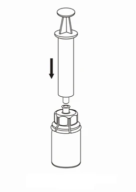 Disegno schematico che mostra una siringa con un pistone in movimento verso il basso diretto verso l'apertura della fiala contenente il farmaco, indicante la direzione del movimento