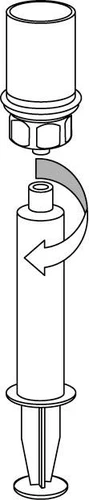 Dibujo esquemático que muestra el enroscado de la parte superior del dispensador en una jeringa larga y cilíndrica, con una flecha marcada que indica el movimiento rotatorio