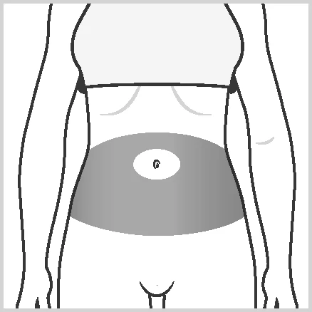 Silueta esquemática del tronco con un área gris marcada en el abdomen que incluye el ombligo, indicando el lugar de administración del medicamento
