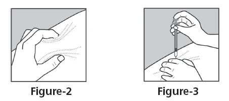 Dos ilustraciones que representan manos: la primera sujeta un pliegue de piel, la segunda sostiene una jeringa verticalmente e introduce la aguja en el pliegue preparado