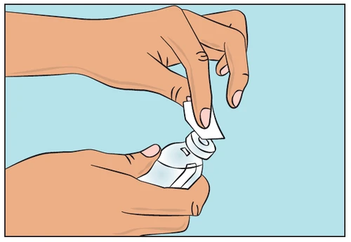 Two hands removing a white cap from a transparent vial containing medication on a light blue background