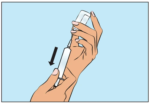 Two hands holding a syringe with a needle, a black arrow indicating downward movement of the plunger on a light blue background