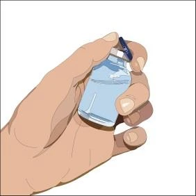 A pale hand holding a small glass vial with a blue stopper filled with a transparent liquid against a white background